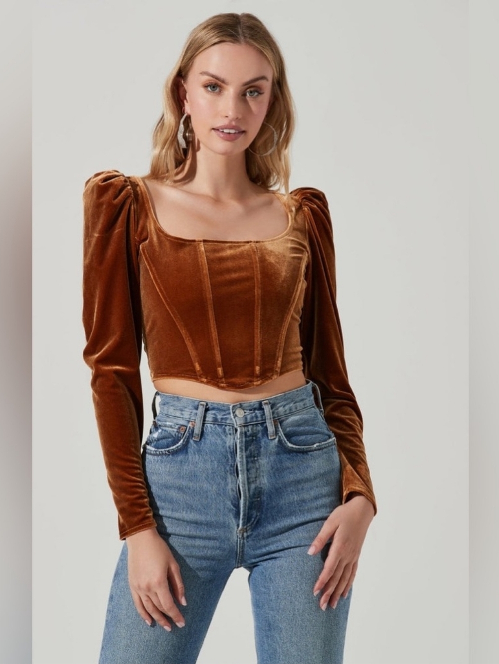 ASTR The Label Ashbury Velvet Gold Brown Crop Top Size Small EUC